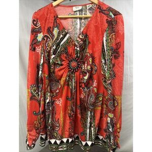 ECI Paisley Tunic Blouse Women XL Red Beaded Medallion Ruched Sleeve Excellent